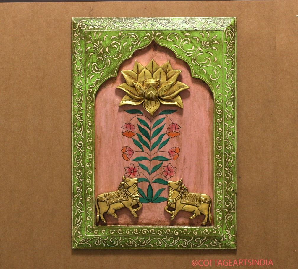 Brass Lotus and Cow pair Wooden Frame