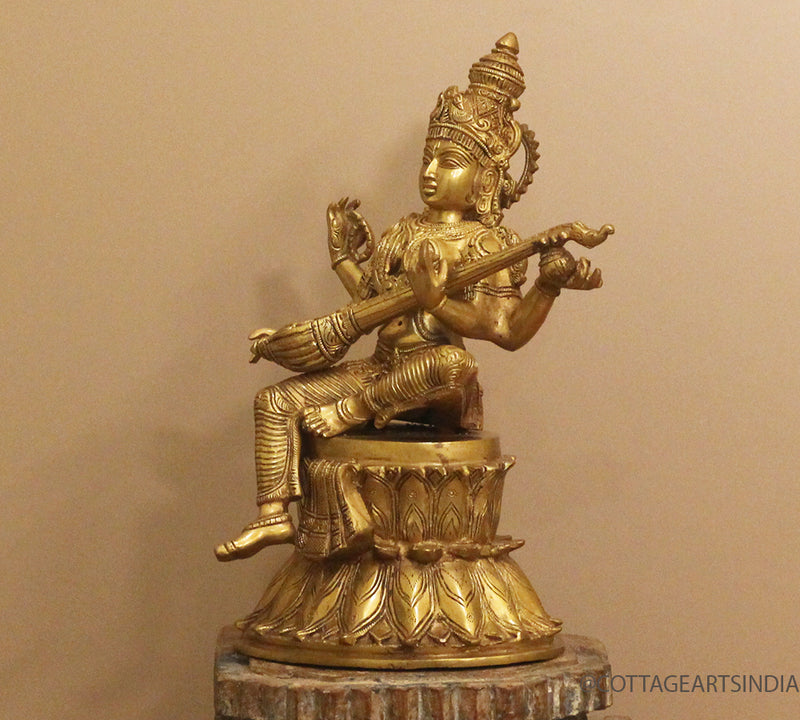 Brass Saraswati on Lotus Fine Carving 15"