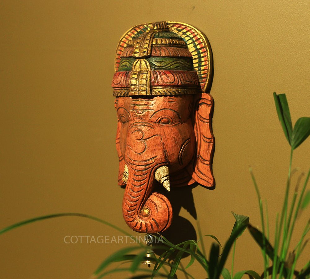 Wooden Ganesha Mask Wall Hanging 12"