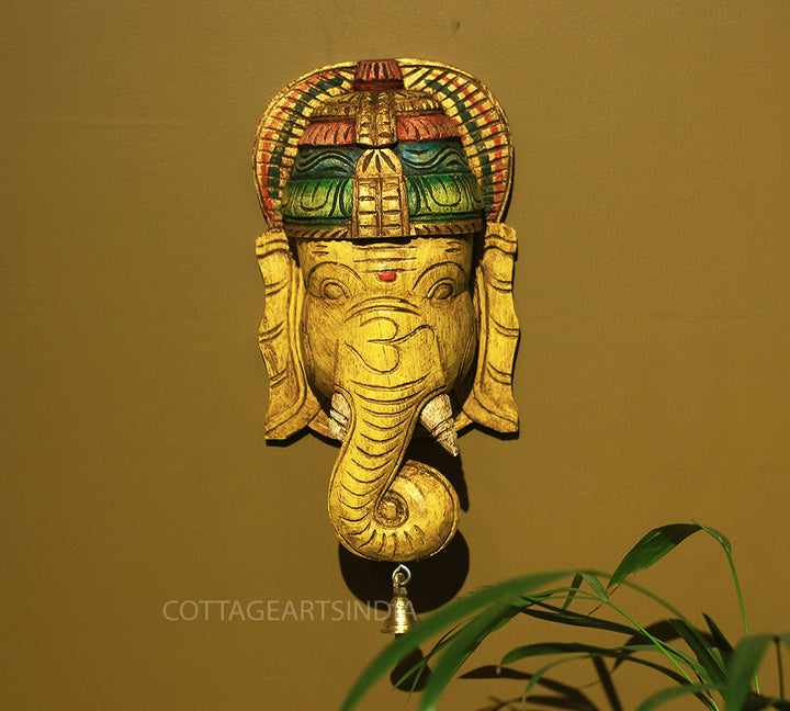 Wooden Ganesha Mask Wall Hanging 12"