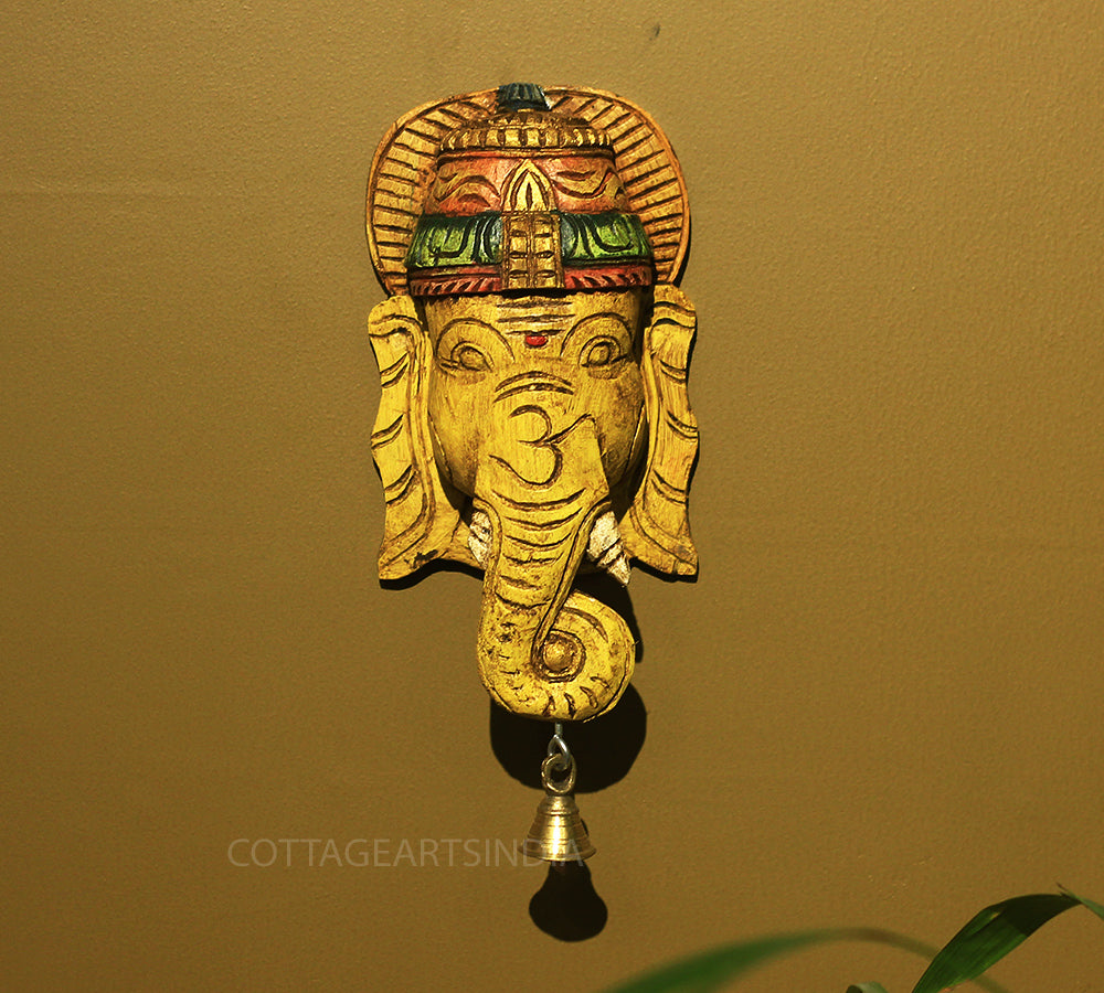 Wooden Ganesha Mask Wall Hanging 9"