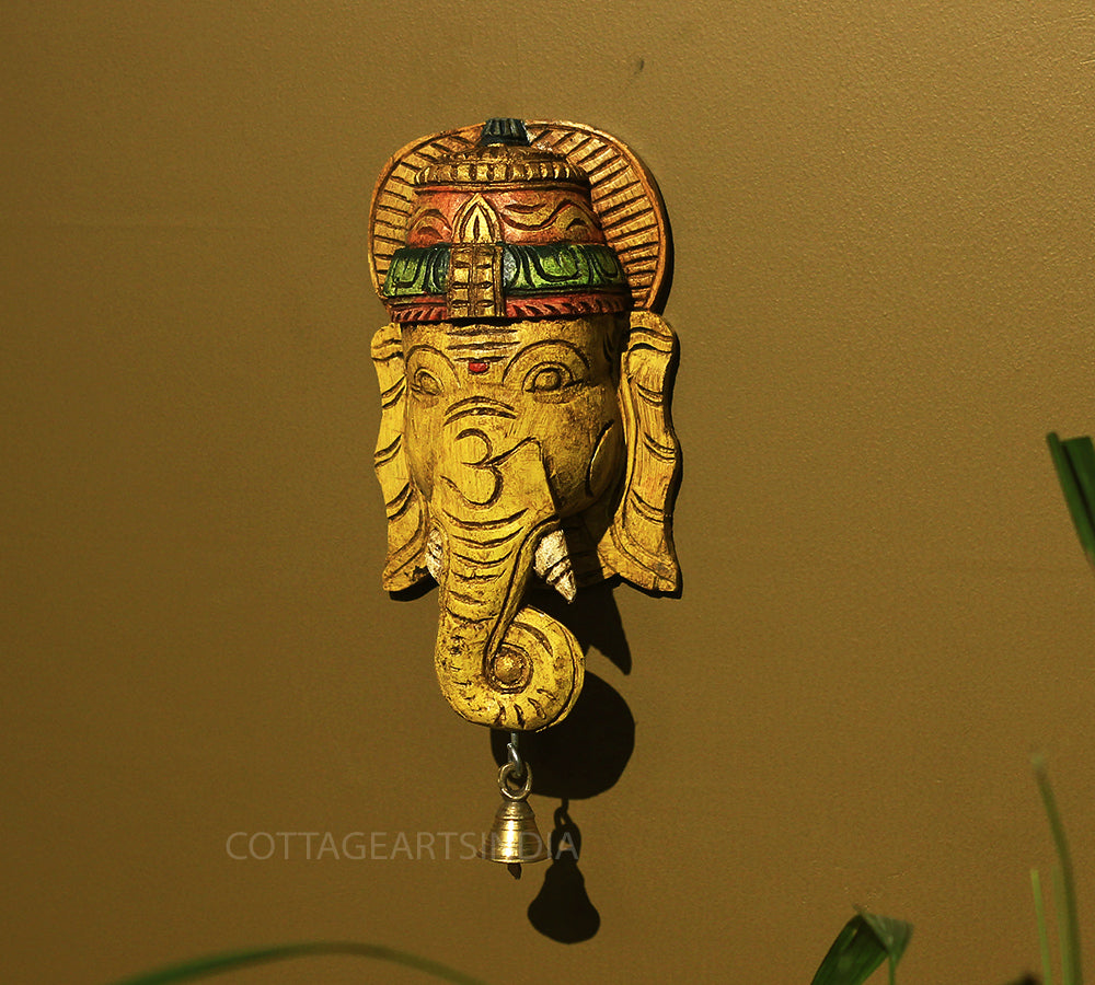Wooden Ganesha Mask Wall Hanging 9"