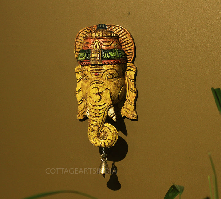 Wooden Ganesha Mask Wall Hanging 9"