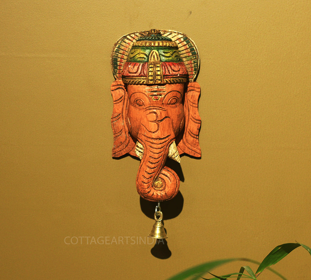 Wooden Ganesha Mask Wall Hanging 9"
