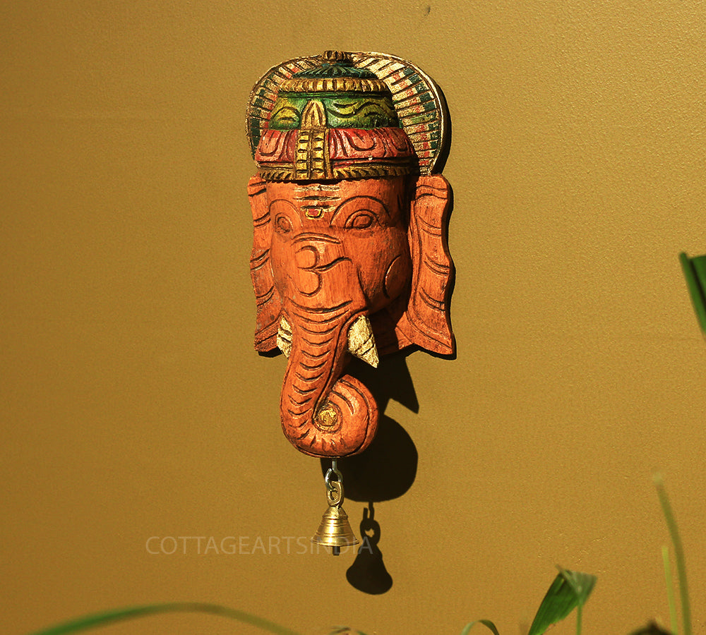 Wooden Ganesha Mask Wall Hanging 9"