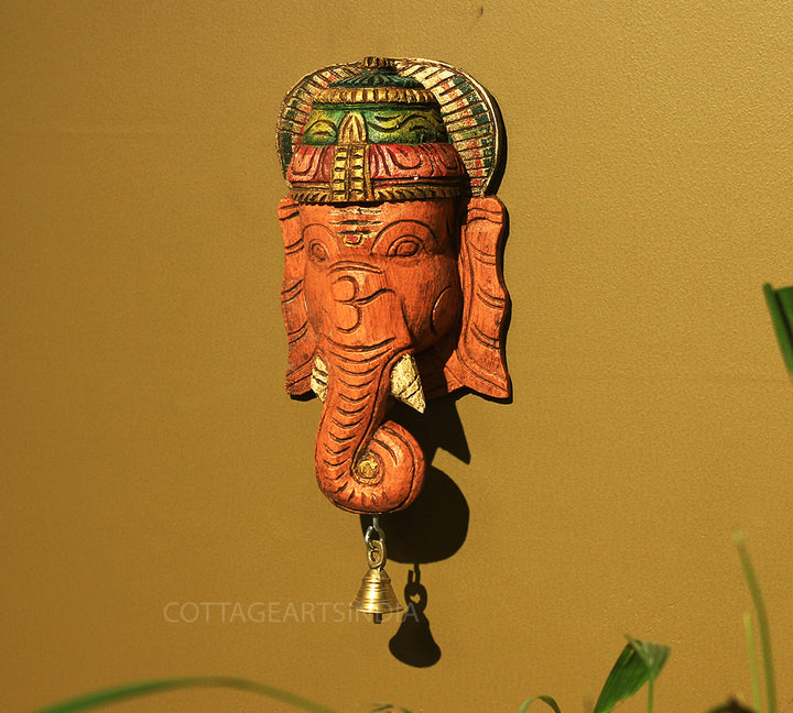 Wooden Ganesha Mask Wall Hanging 9"