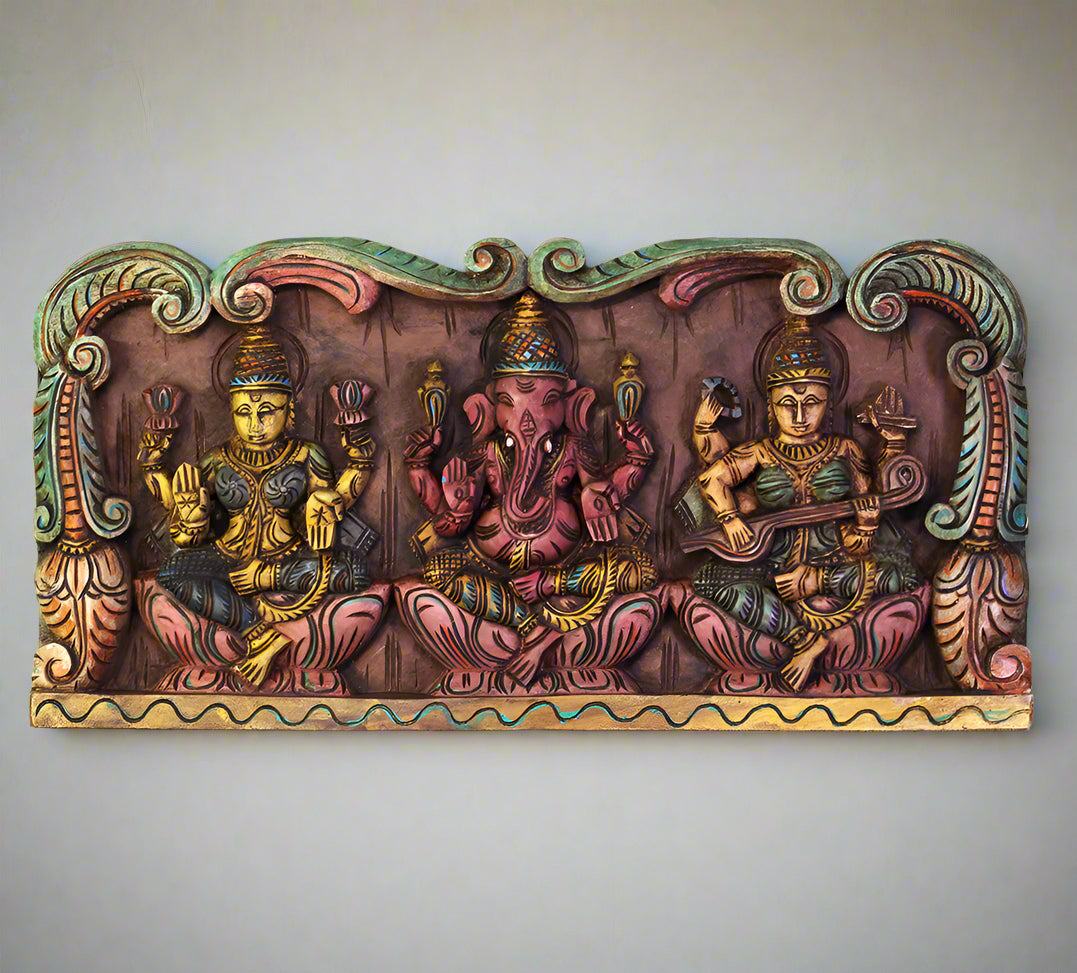 Wooden Hand Carved Wall Panel Ganesha Laxmi Saraswati
