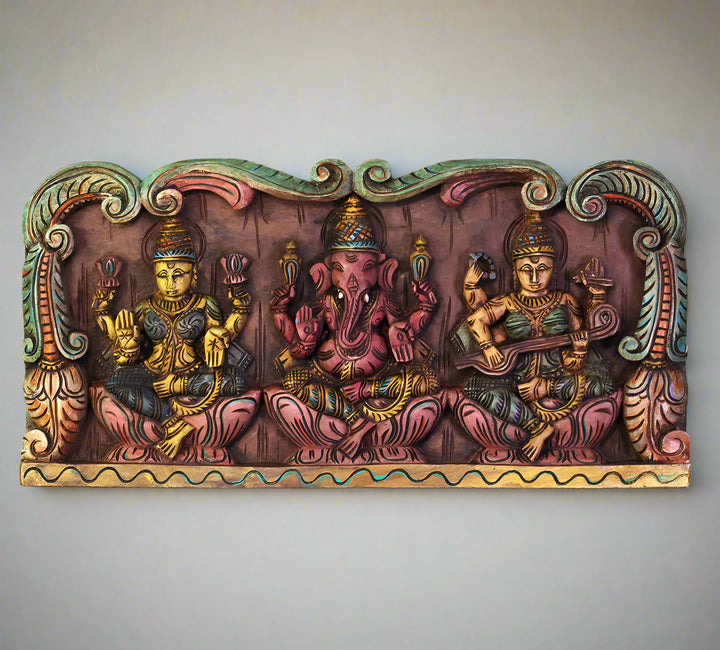 Wooden Hand Carved Wall Panel Ganesha Laxmi Saraswati