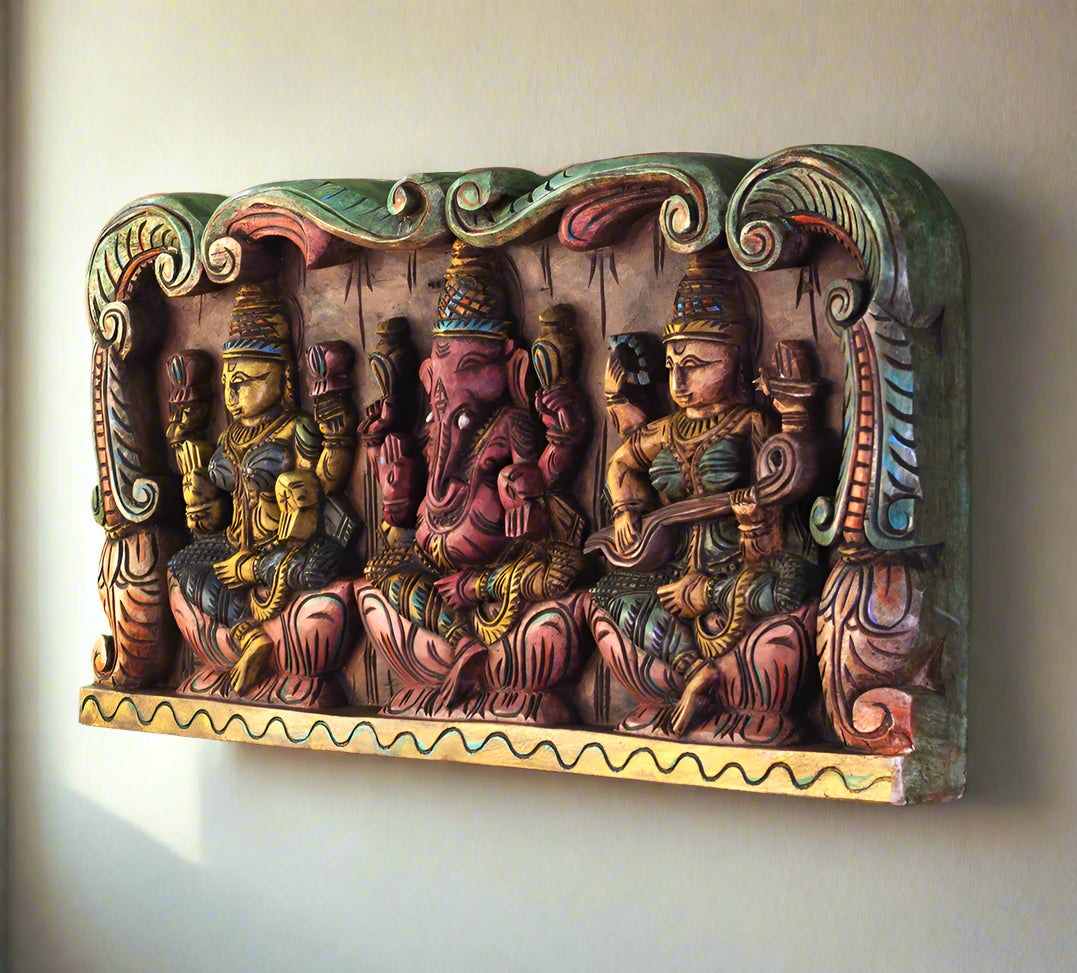 Wooden Hand Carved Wall Panel Ganesha Laxmi Saraswati