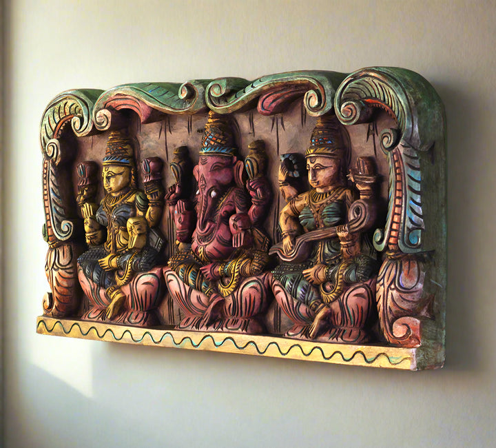 Wooden Hand Carved Wall Panel Ganesha Laxmi Saraswati