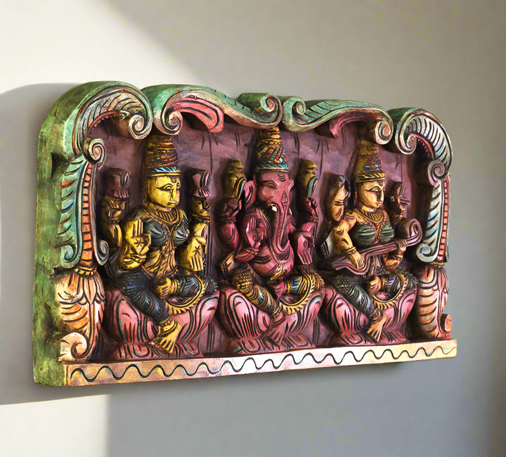 Wooden Hand Carved Wall Panel Ganesha Laxmi Saraswati