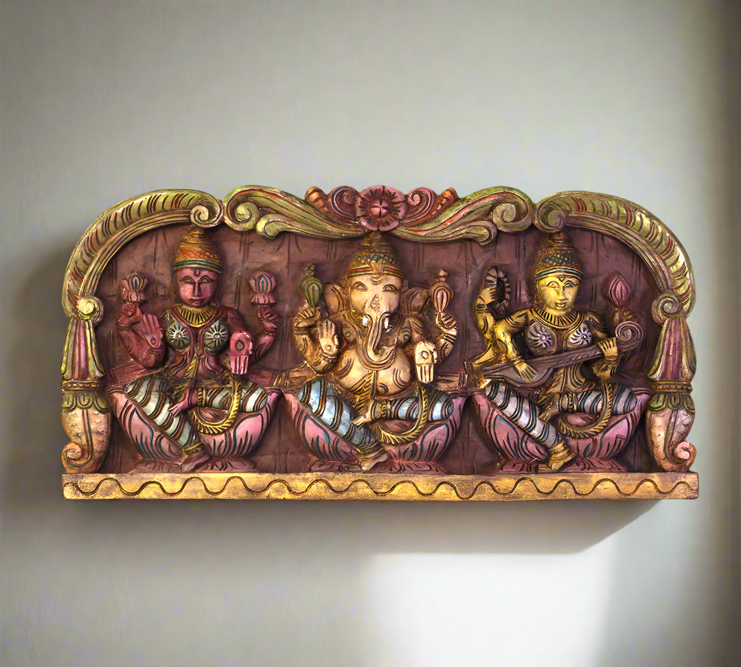 Wooden Hand Carved Wall Panel Ganesh Laxmi Saraswati