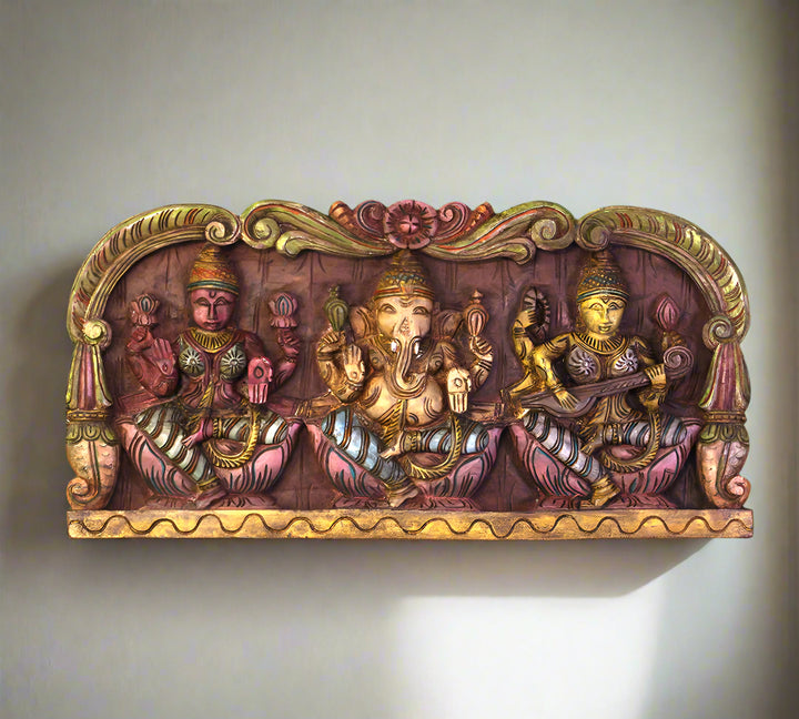 Wooden Hand Carved Wall Panel Ganesh Laxmi Saraswati