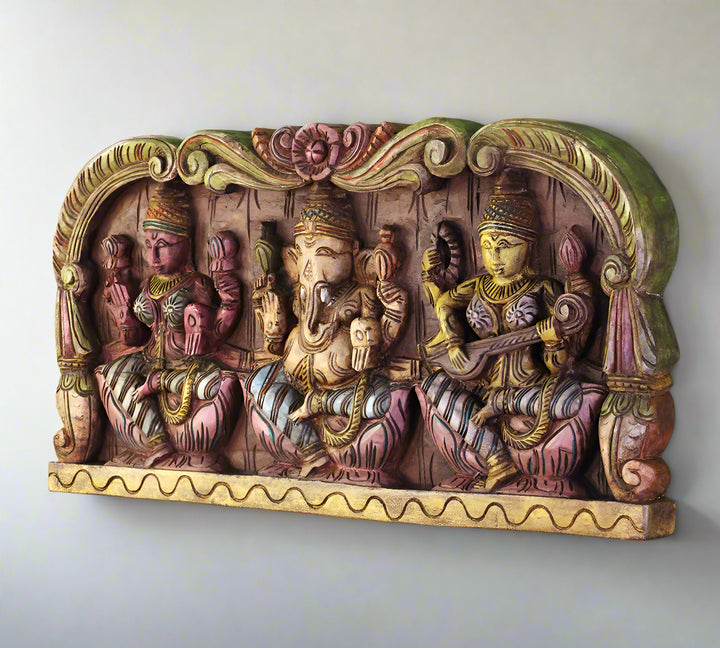 Wooden Hand Carved Wall Panel Ganesh Laxmi Saraswati