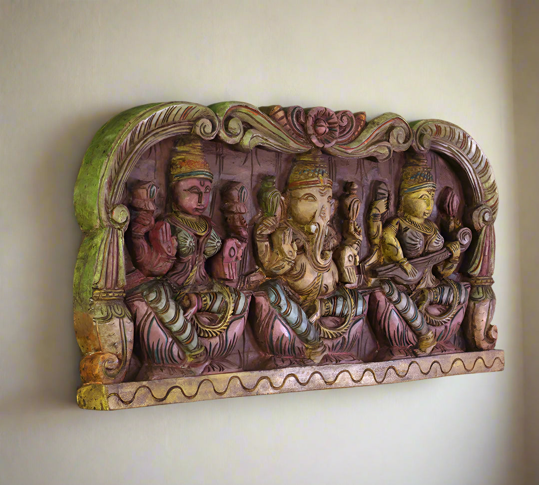 Wooden Hand Carved Wall Panel Ganesh Laxmi Saraswati