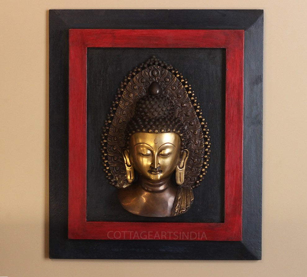 Wooden Frame With Brass Buddha Face Wall Hanging