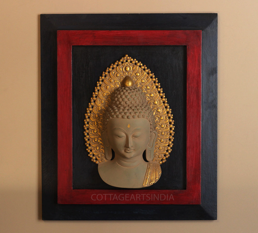 Wooden Frame With Rustic Brass Buddha Face Wall Hanging