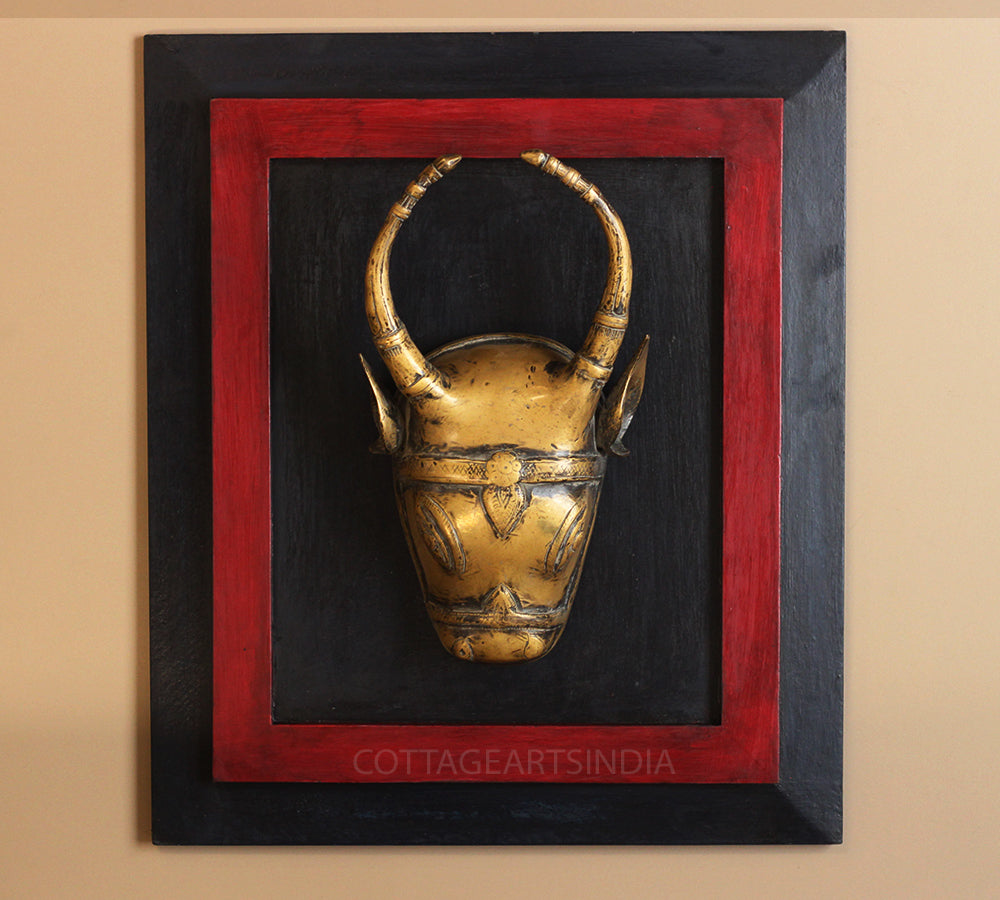 Wooden Frame and Brass Cow Mask Wall Hanging