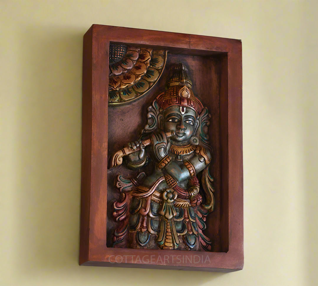 Wooden Framed Krishna Wall Hanging