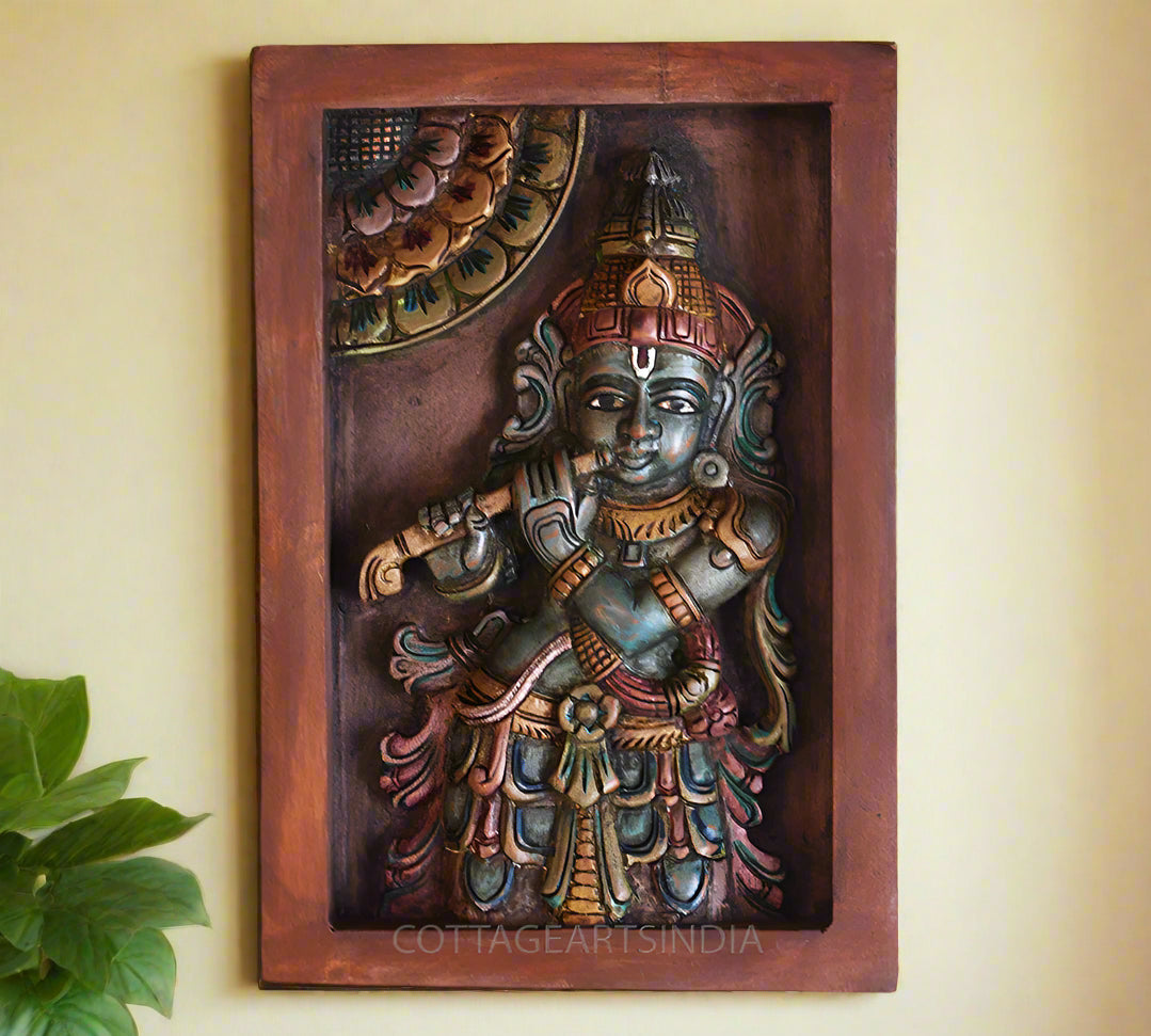 Wooden Framed Krishna Wall Hanging