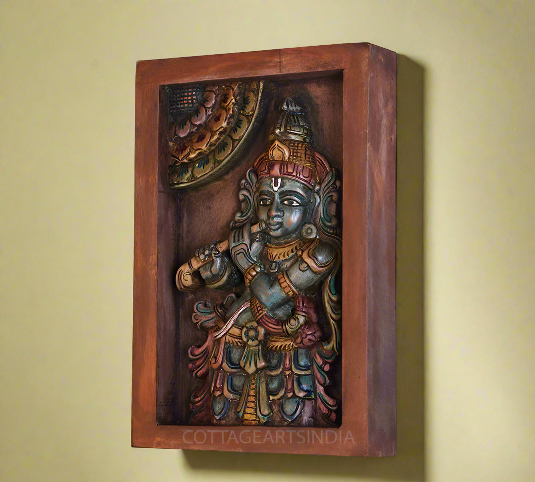 Wooden Framed Krishna Wall Hanging