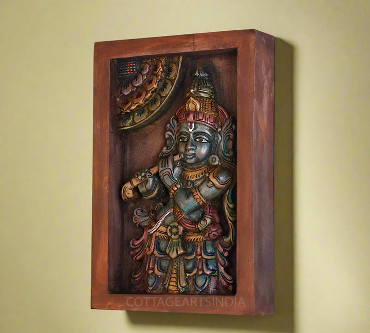 Wooden Framed Krishna Wall Hanging