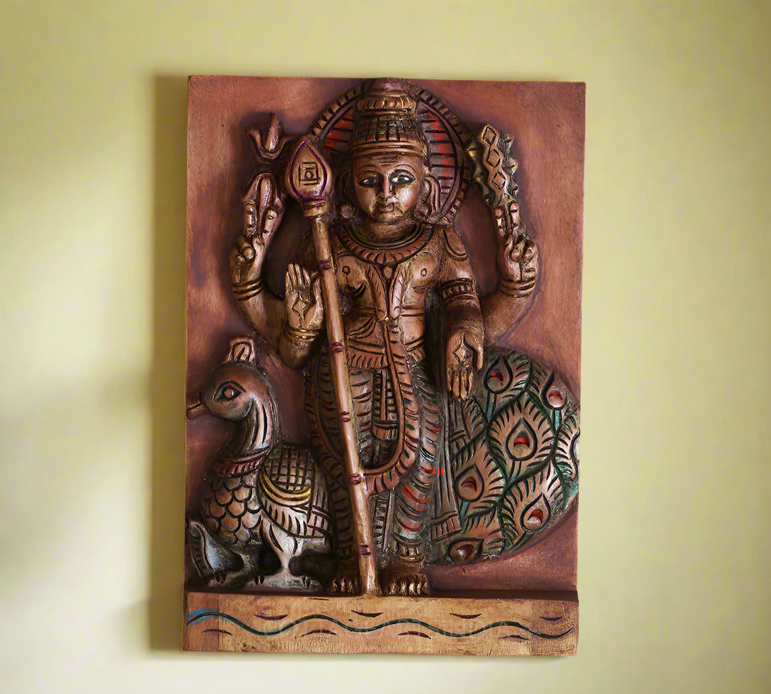Wooden Hand Painted Lord Murugan Wall Hanging