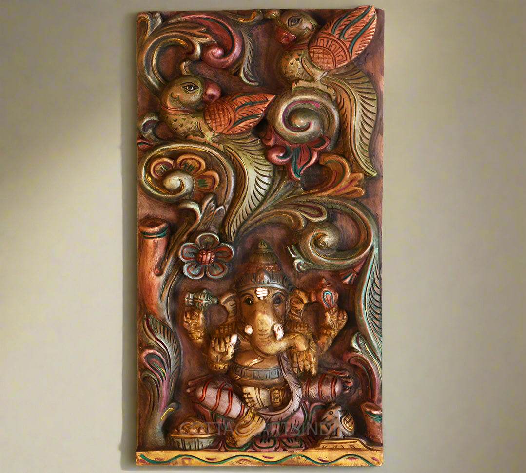 Wooden Carved Panel Ganesh and Peacock Wall Hanging
