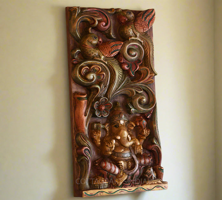 Wooden Carved Panel Ganesh and Peacock Wall Hanging