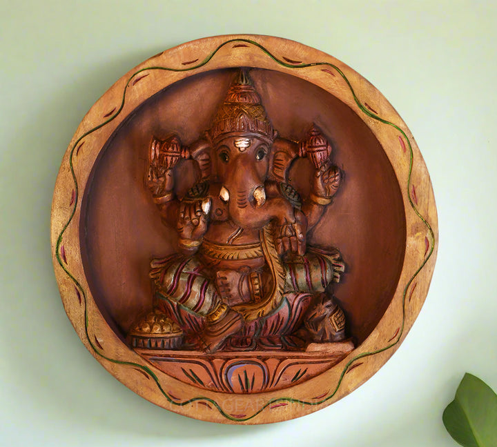 Wooden Painted  Ganesh in Round Frame Wall Hanging