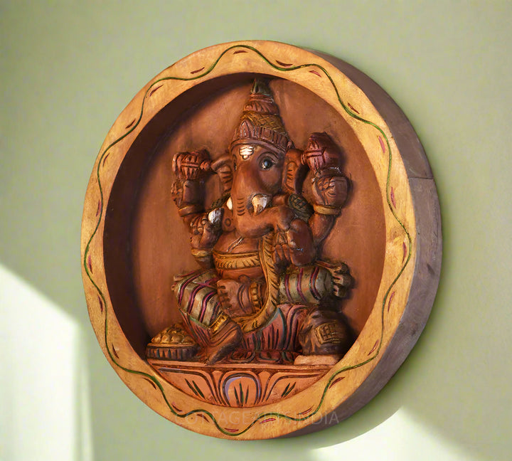 Wooden Painted  Ganesh in Round Frame Wall Hanging