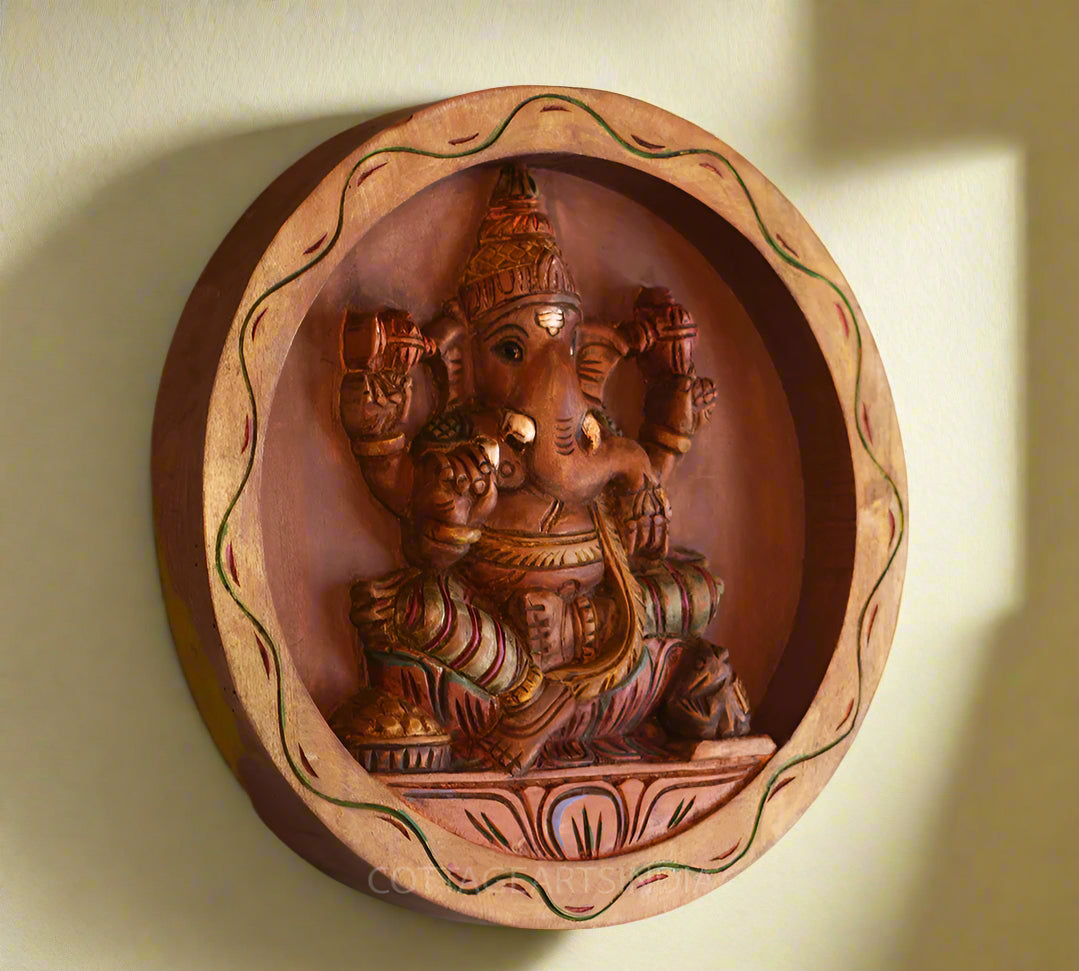 Wooden Painted  Ganesh in Round Frame Wall Hanging