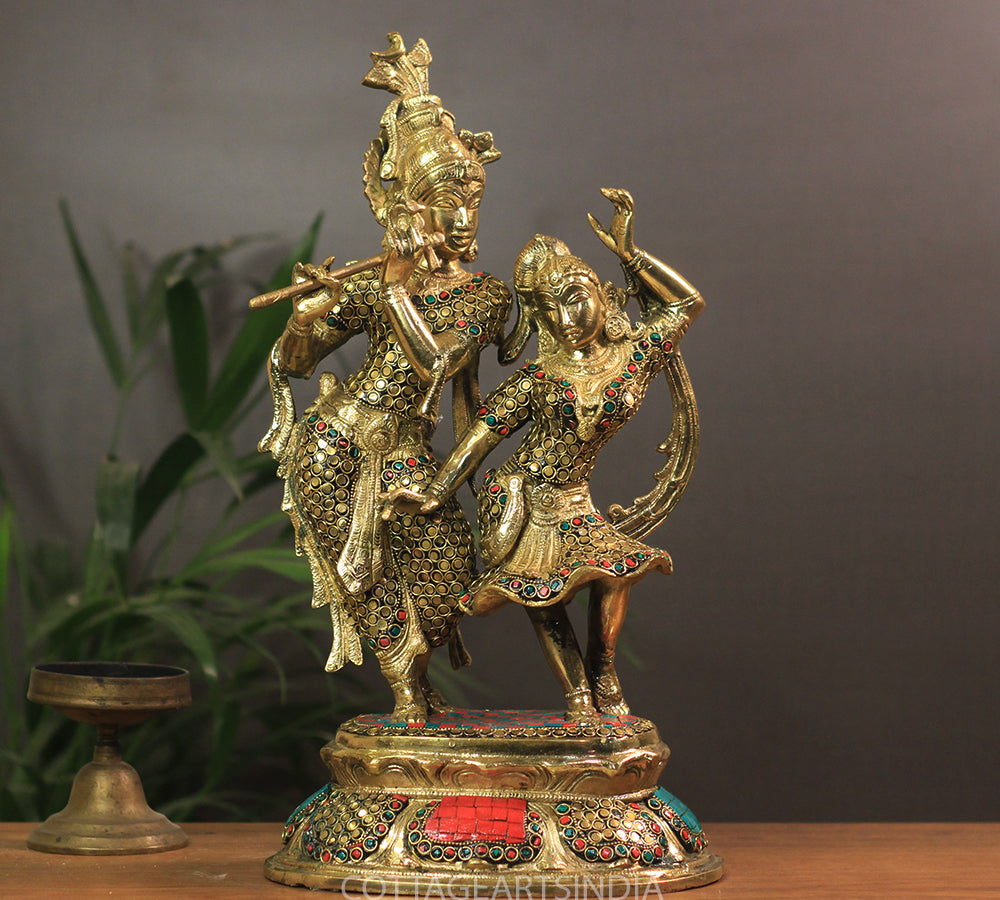 Brass Radha Krishna Stonework 16"