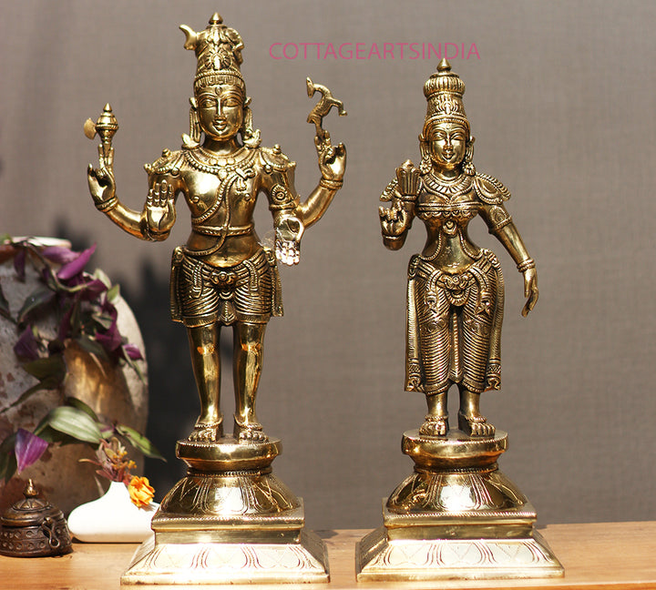 Brass Standing Shiva & Parvati Idol 18" Holding Axe and Deer