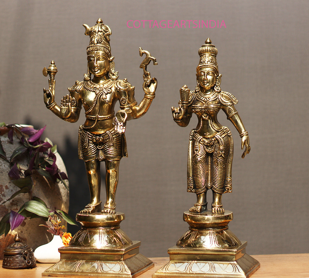 Brass Standing Shiva & Parvati Idol 18" Holding Axe and Deer
