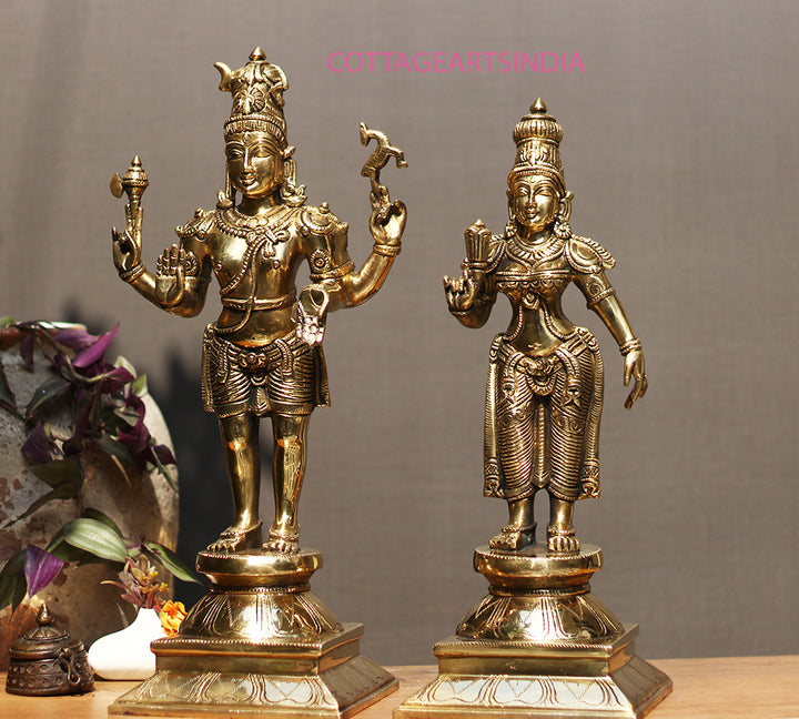 Brass Standing Shiva & Parvati Idol 18" Holding Axe and Deer