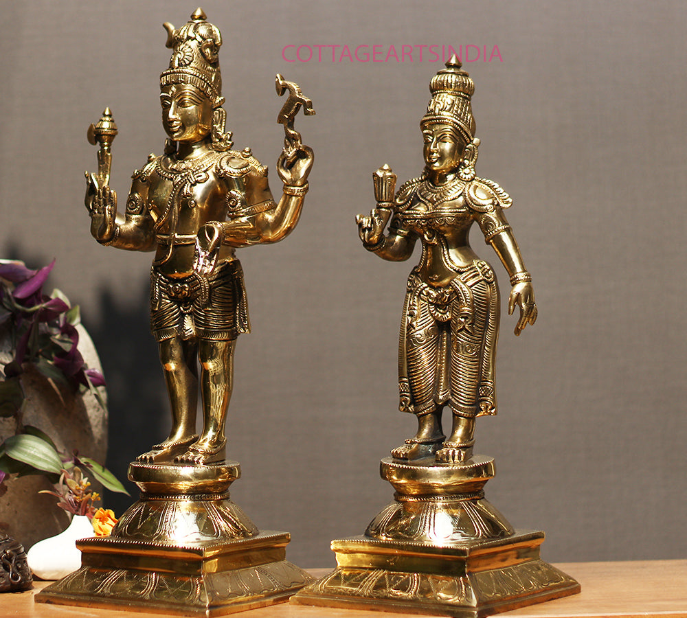 Brass Standing Shiva & Parvati Idol 18" Holding Axe and Deer