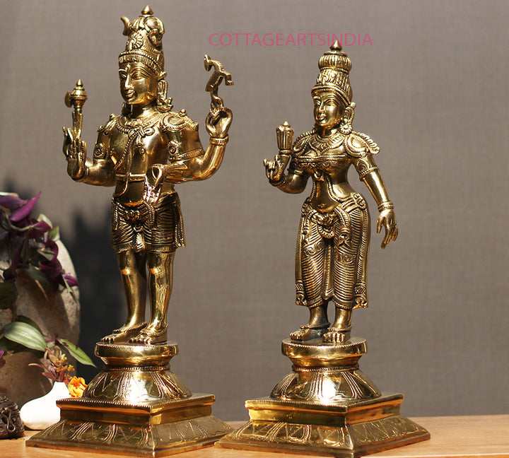 Brass Standing Shiva & Parvati Idol 18" Holding Axe and Deer