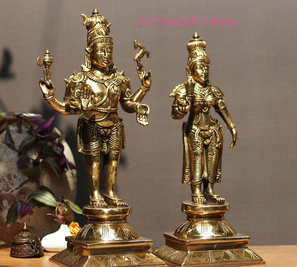 Brass Standing Shiva & Parvati Idol 18" Holding Axe and Deer