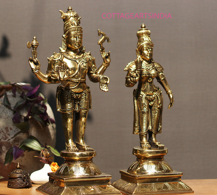 Brass Standing Shiva & Parvati Idol 18" Holding Axe and Deer