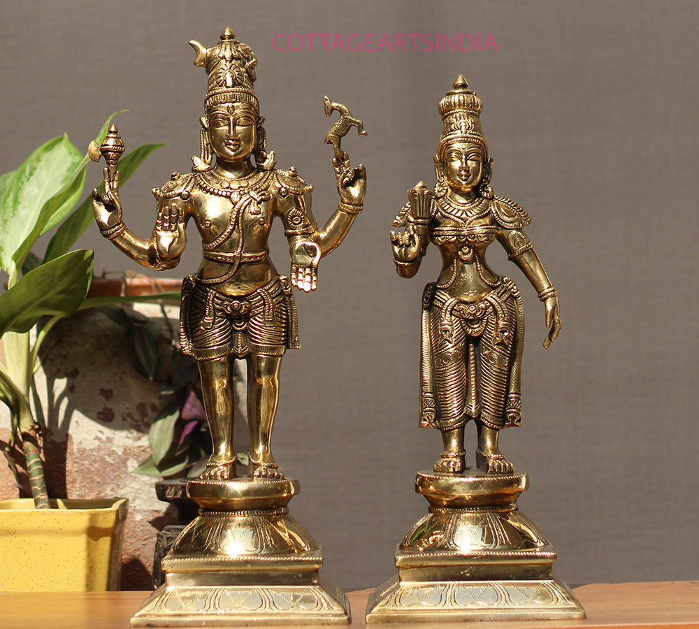 Brass Standing Shiva & Parvati Idol 18" Holding Axe and Deer