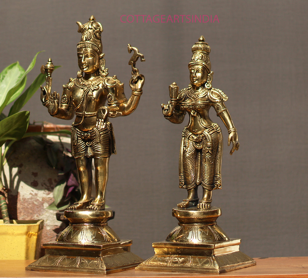 Brass Standing Shiva & Parvati Idol 18" Holding Axe and Deer