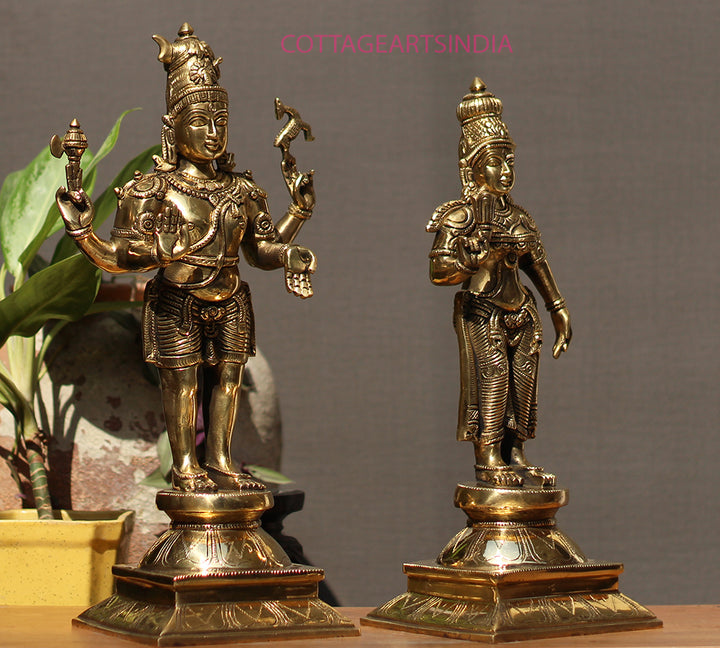Brass Standing Shiva & Parvati Idol 18" Holding Axe and Deer