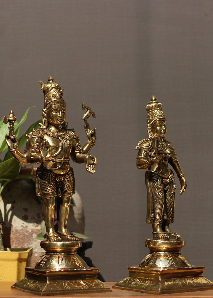 Brass Standing Shiva & Parvati Idol 18" Holding Axe and Deer