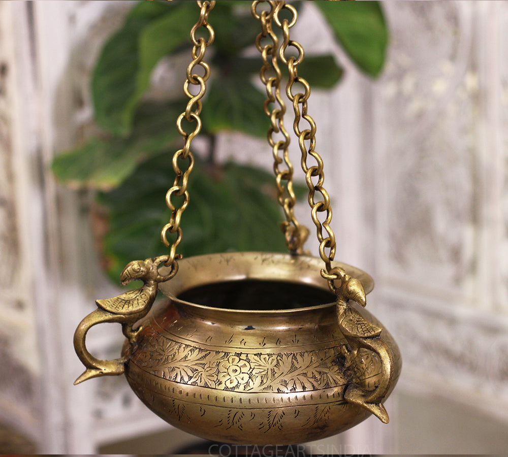 Brass Vintage Carved Planter Hanging
