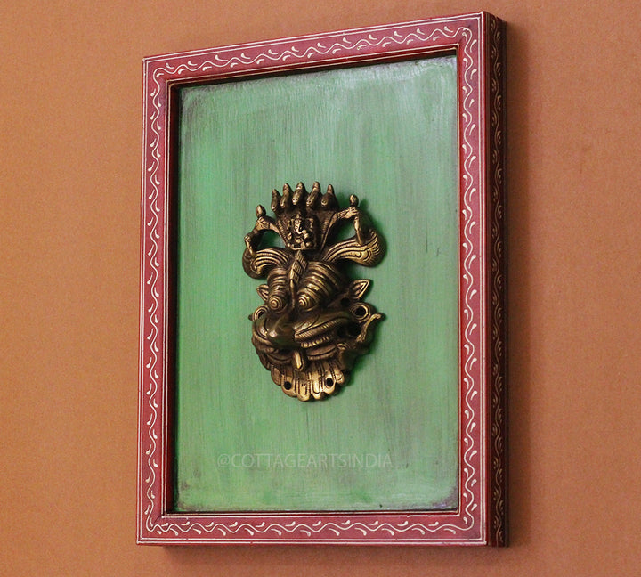 Brass Kirti Mukha Wall Mask Wooden Frame