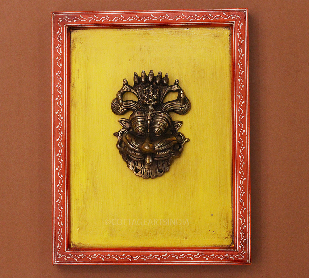 Brass Kirti Mukha Wall Mask Wooden Frame