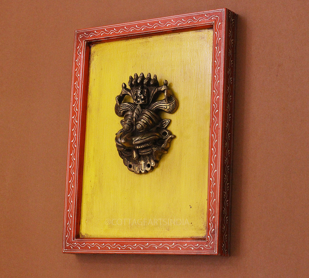 Brass Kirti Mukha Wall Mask Wooden Frame