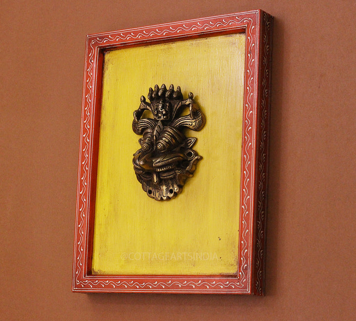 Brass Kirti Mukha Wall Mask Wooden Frame