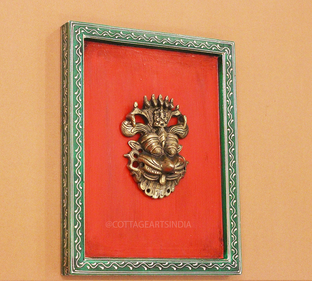 Brass Kirti Mukha Wall Mask Wooden Frame